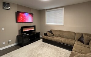 Smart TV, fireplace, books