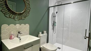Hair dryer, towels, soap, toilet paper