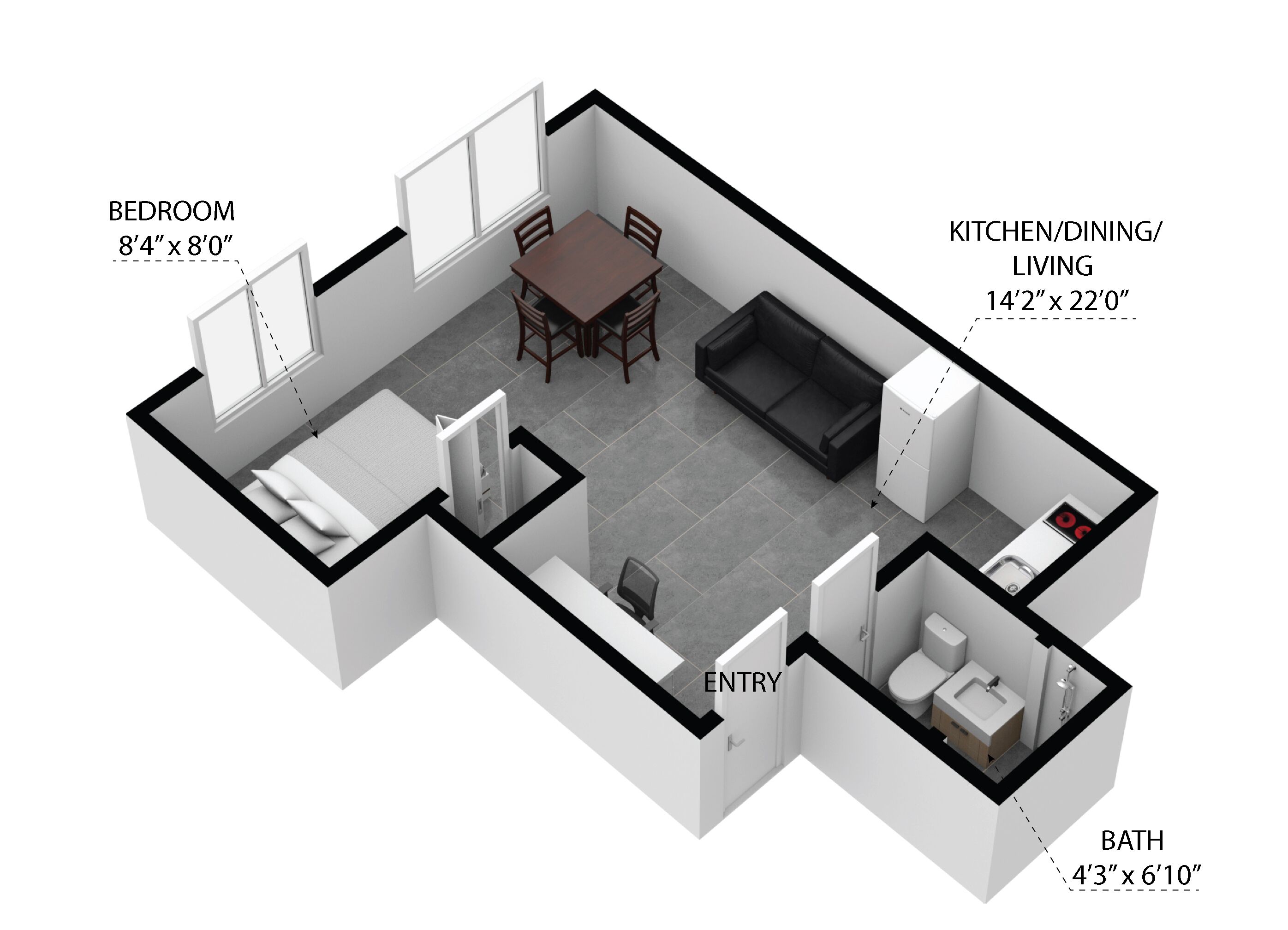 Plànol tridimensional d'un apartament amb un dormitori (2,54 m x 2,44 m), una zona de cuina/menjador/saló (4,32 m x 6,71 m), un vestíbul i un bany (1,3 m x 1,98 m).