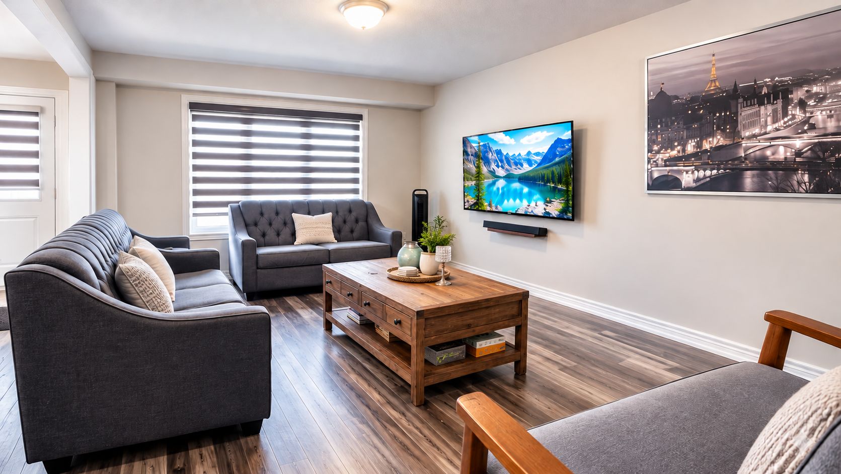 Una sala de estar con un sofá, una mesa de centro y un televisor montado en la pared.