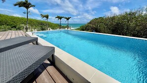 Una piscina rectangular con muelle de madera y sillas de descanso, rodeada de exuberante vegetación tropical y palmeras, bajo un cielo azul despejado.