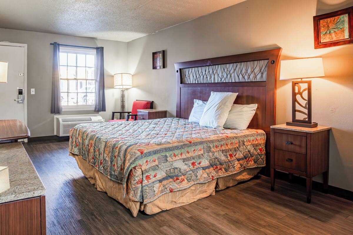 A neatly arranged bedroom with a large bed, a bedside table, a lamp, and a window with curtains.