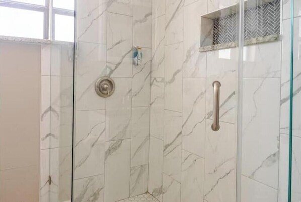 Hair dryer, towels, soap, toilet paper