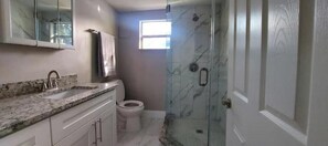 Hair dryer, towels, soap, toilet paper
