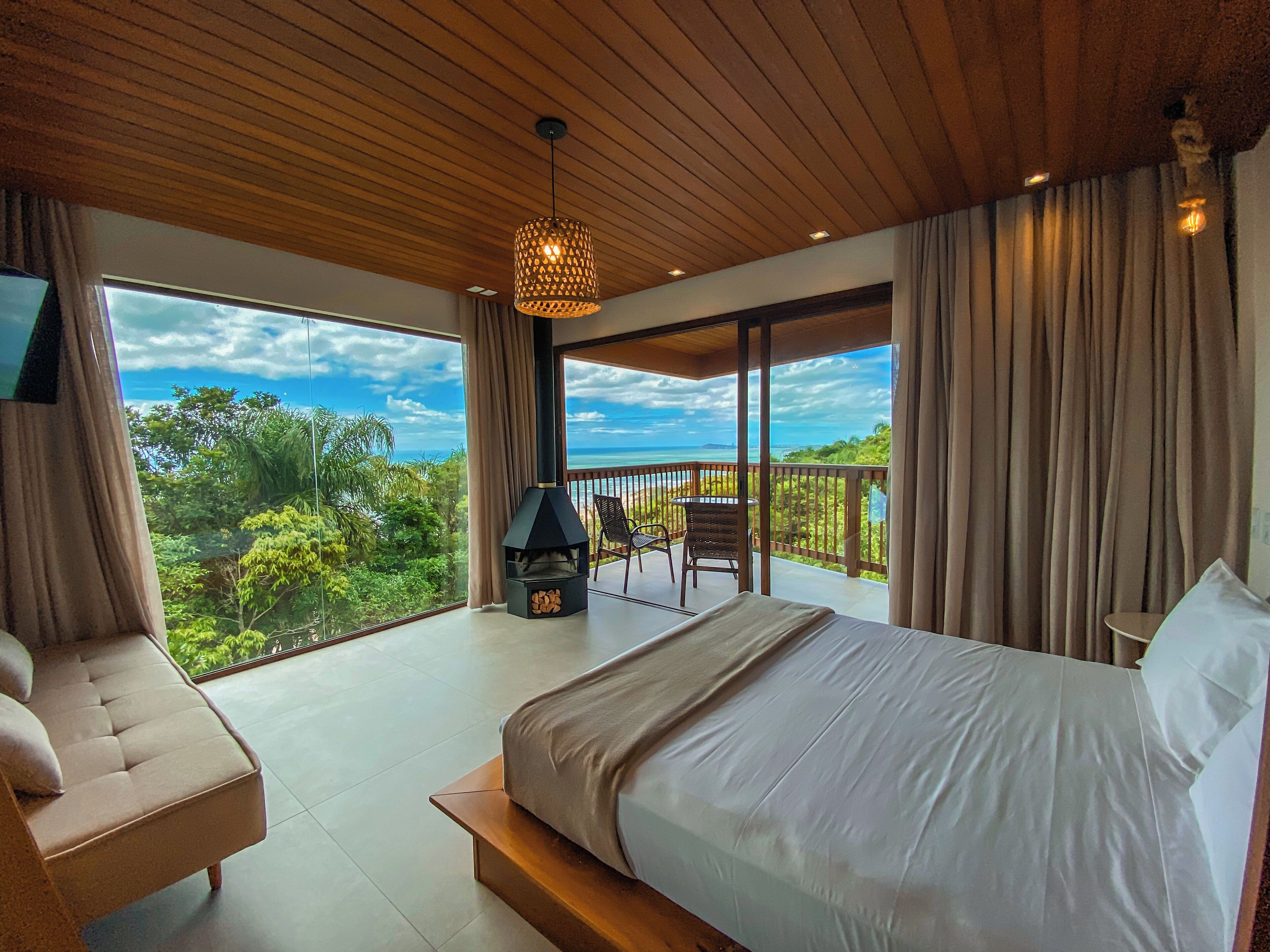 Premium bedding, desk, laptop workspace, soundproofing