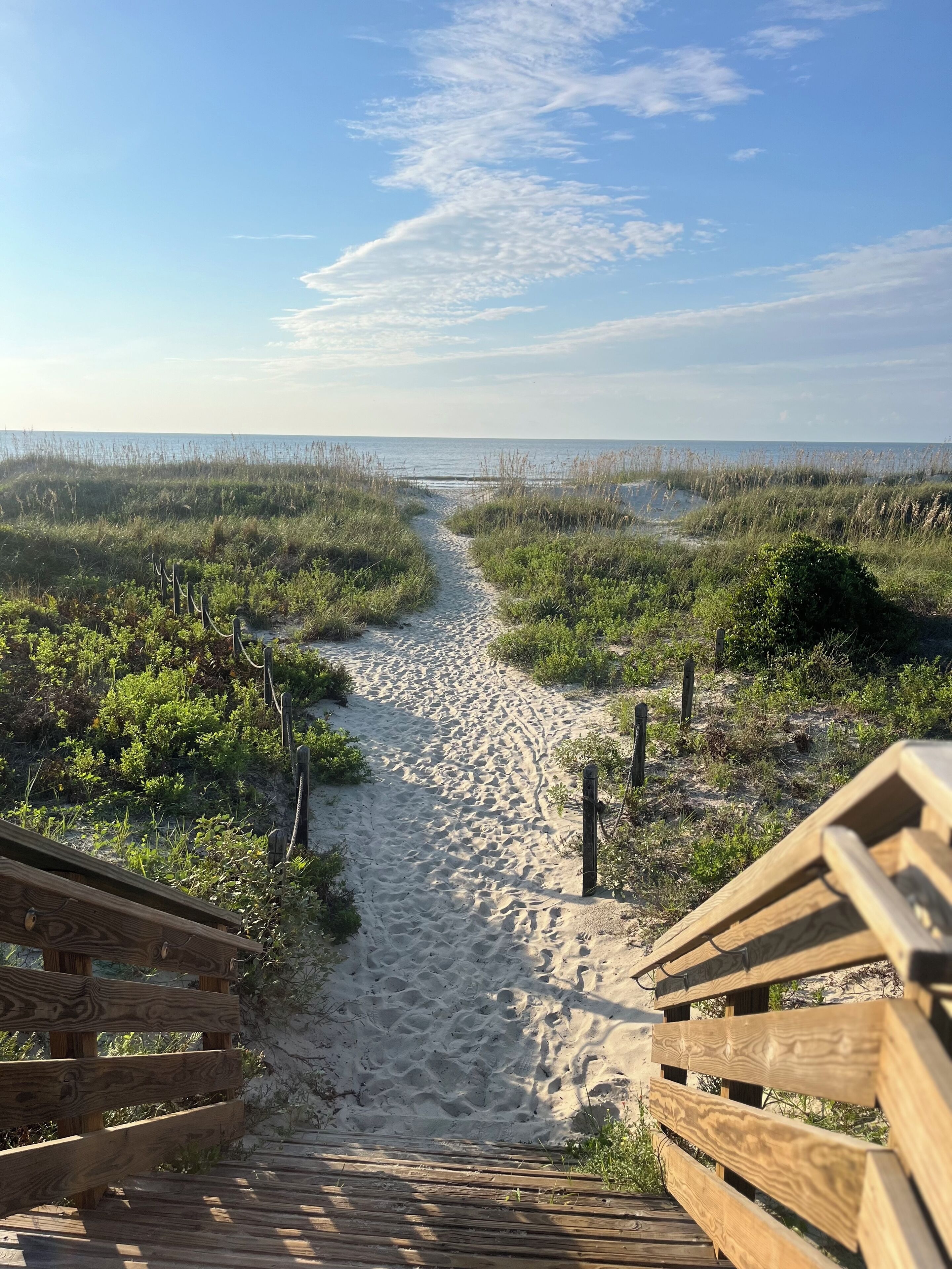 A sandy beach path leading to the ocean, flanked by wooden railings and surrounded by vegetation.