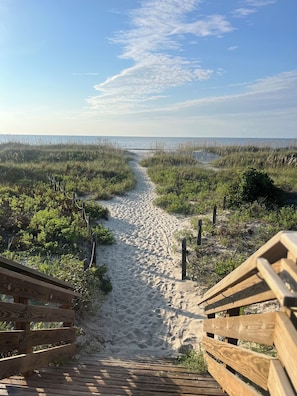 A sandy beach path leading to the ocean, flanked by wooden railings and surrounded by vegetation. - Hilton Head Beach and Tennis resort located on Folly Beach. Steps from the beach (Hilton Head Island)