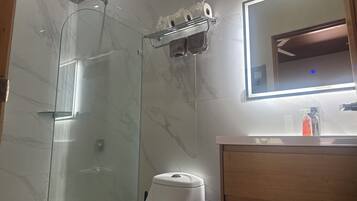 Shower, towels, soap, toilet paper