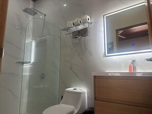 Regadera, toallas, jabón, papel de baño 