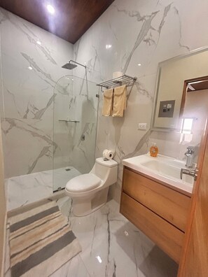 Chuveiro, toalhas de banho, sabonete, papel higiênico