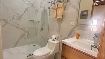 Shower, towels, soap, toilet paper