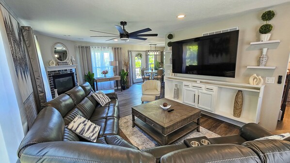 Smart TV, fireplace, foosball