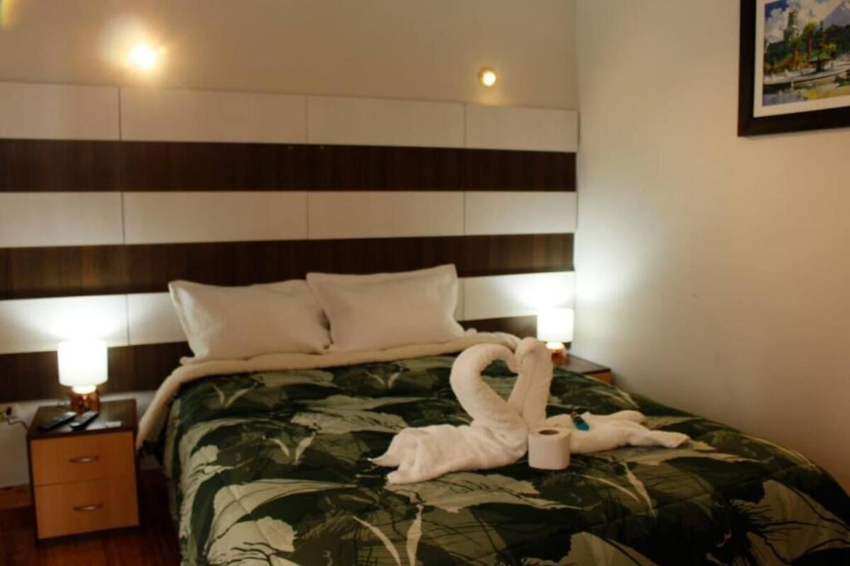 Habitación de hotel con cama, almohadas, mesita de noche, lámpara y una decoración de toalla con forma de cisne.