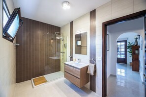 Shower, hair dryer, bidet, towels