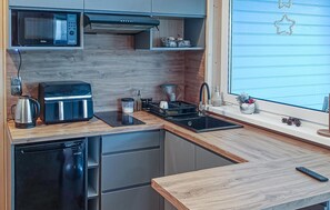 Fridge, microwave, cookware/dishes/utensils