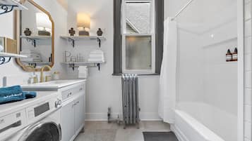 Hair dryer, towels, soap, shampoo