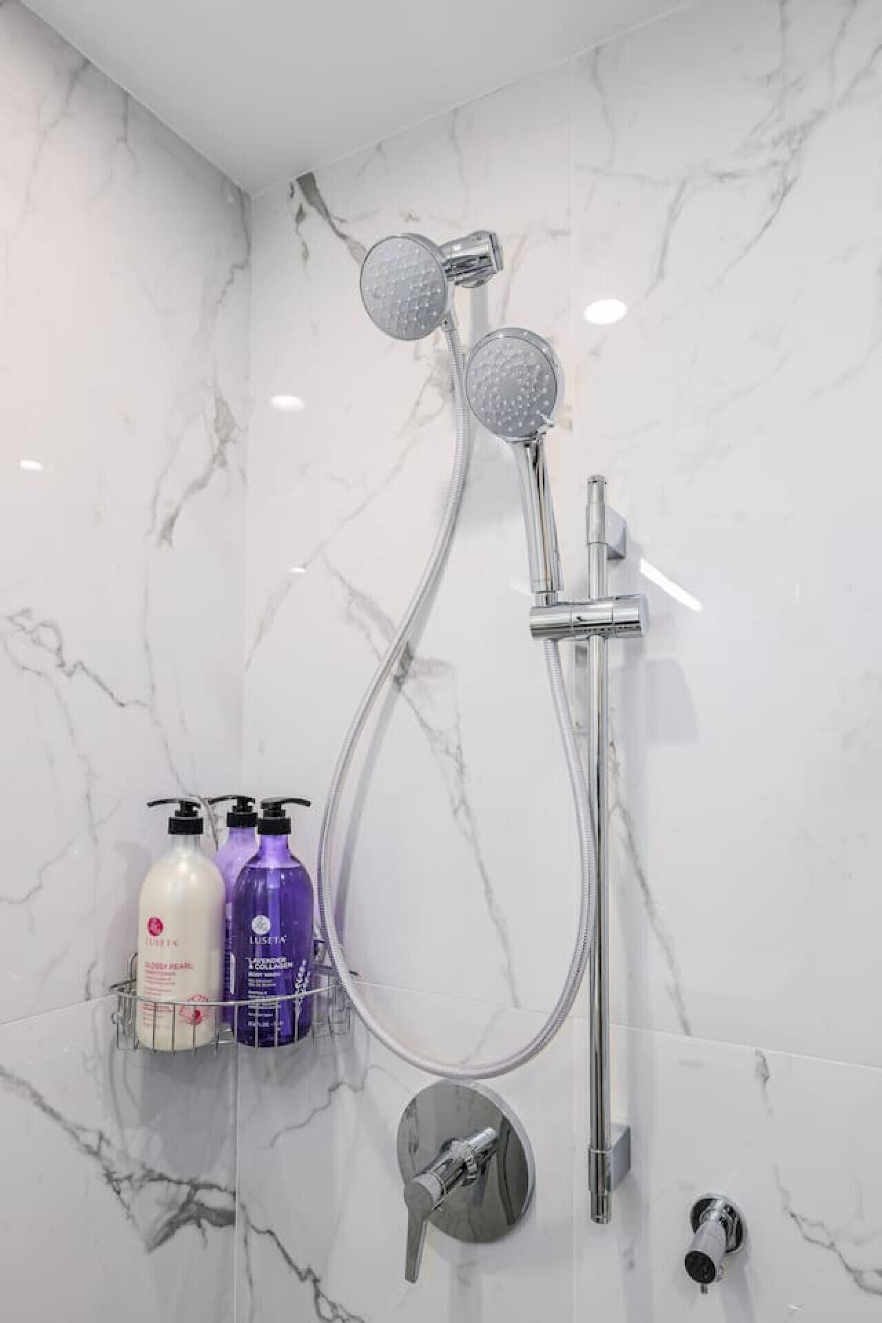 A bathroom with a shower and two bottles of shampoo on a wall-mounted shelf.