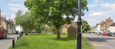 A street with a lamppost, a grassy area, and buildings.