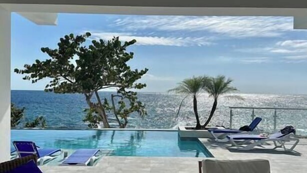 An infinity pool with a view of the ocean and a palm tree. - Ripple Negril, The ultimate escape. Unpack, Relax, Enjoy, Ripple Negril, The ultimate escape (West End)