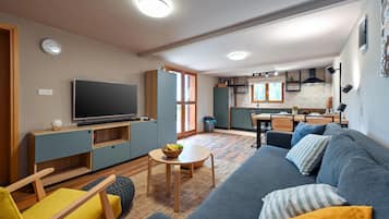 Smart TV, fireplace, stereo