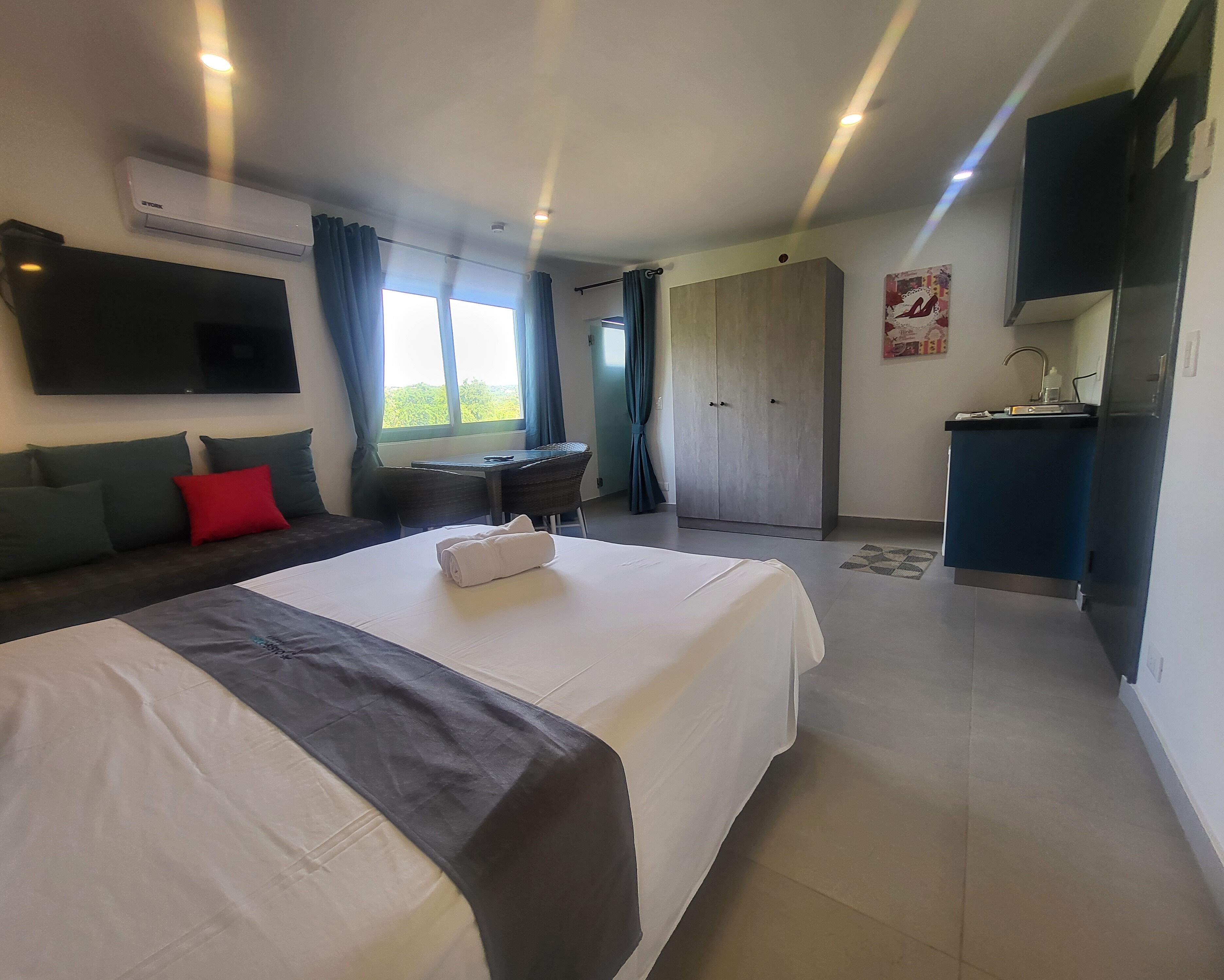 A hotel room with a bed, a sofa, a desk, a wardrobe, and a kitchenette.
