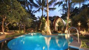 A circular pool with a clear blue center, surrounded by palm trees and a small building with a dome roof. - Green Bird Villa (Bali)