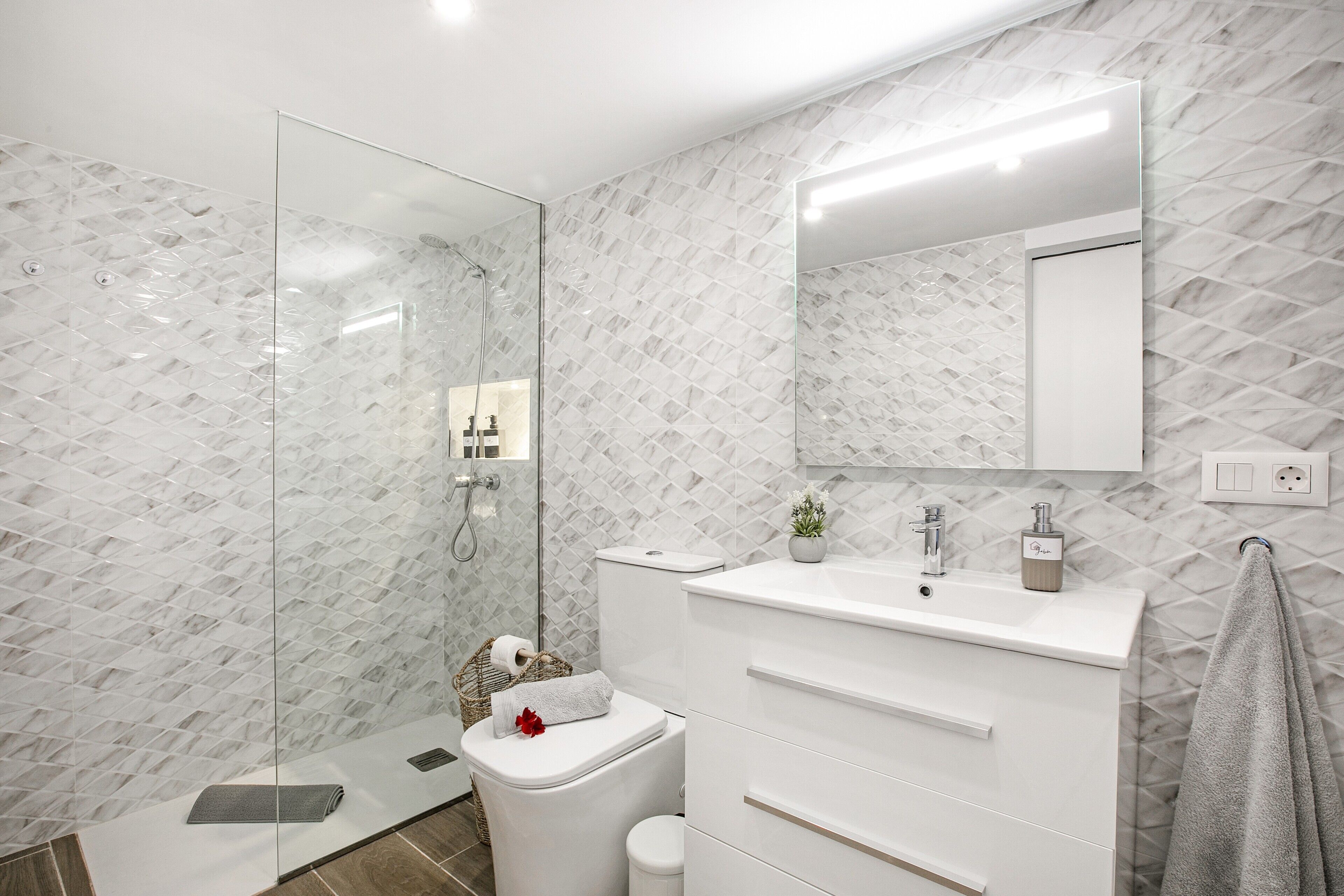 Shower, hair dryer, towels