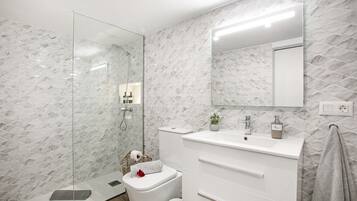 Shower, hair dryer, towels