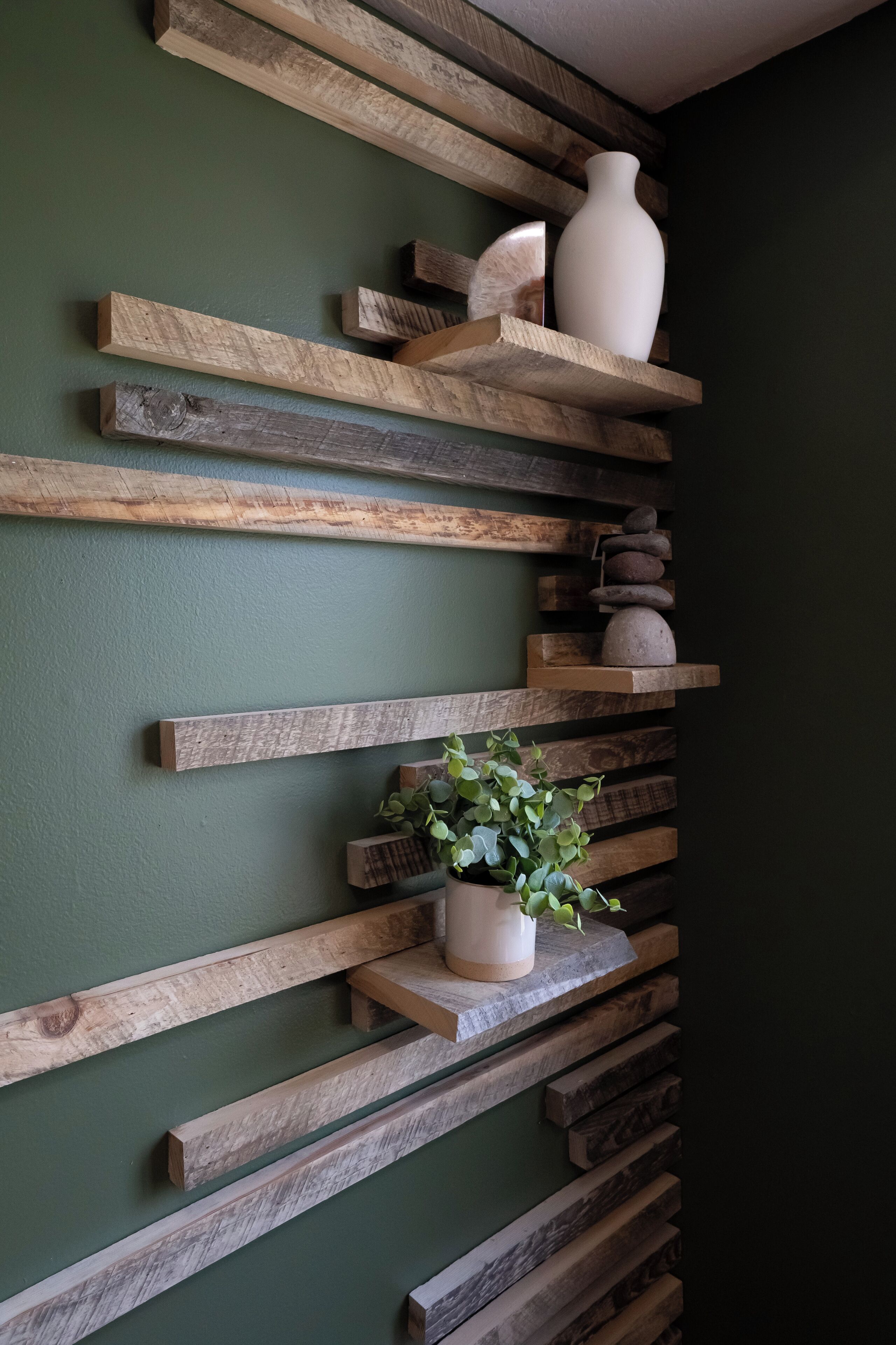 Un mur avec des étagères en bois et une plante en pot.