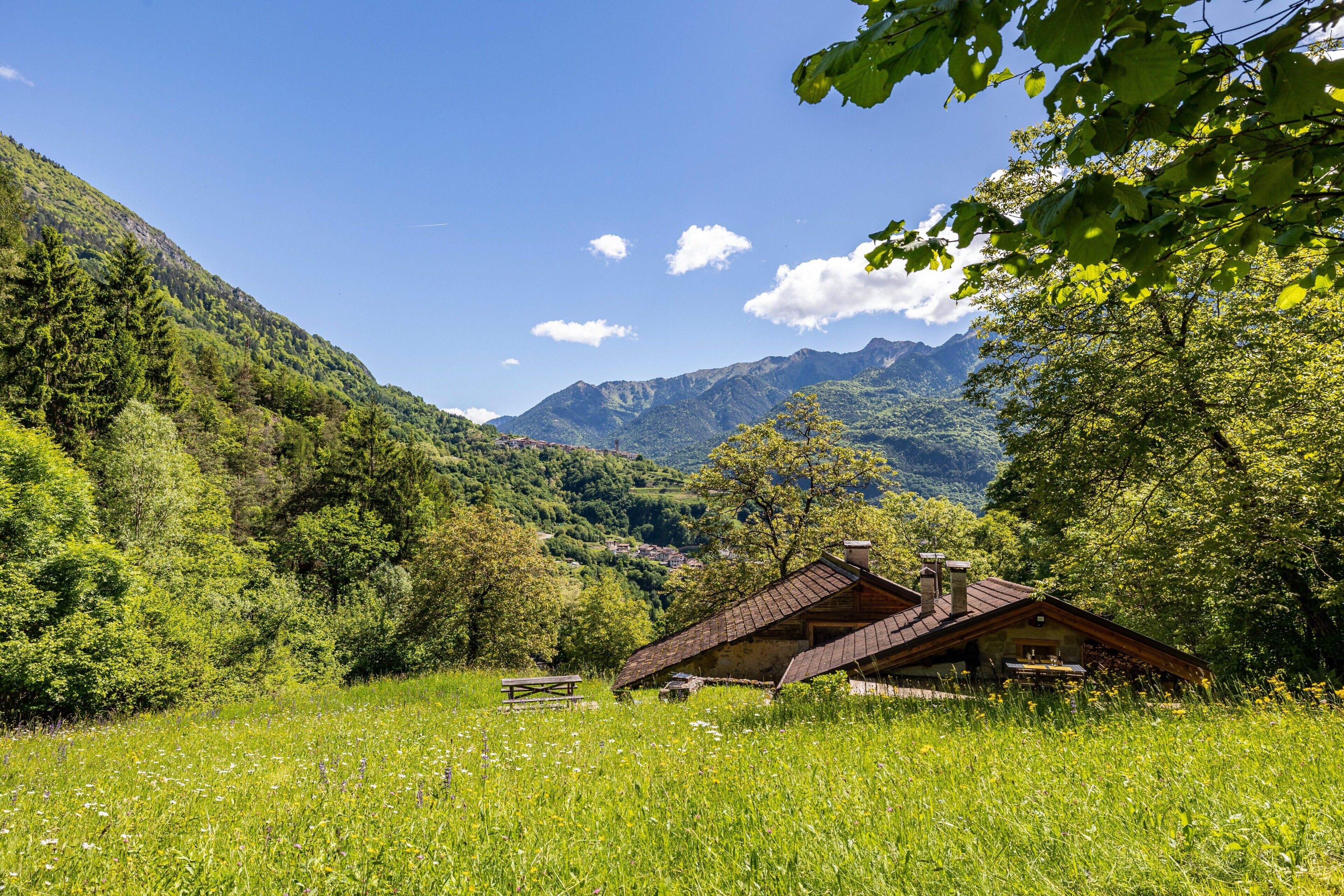 A rustic cabin in a lush valley with mountains in the background.