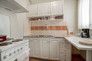 Fridge, oven, stovetop, coffee/tea maker