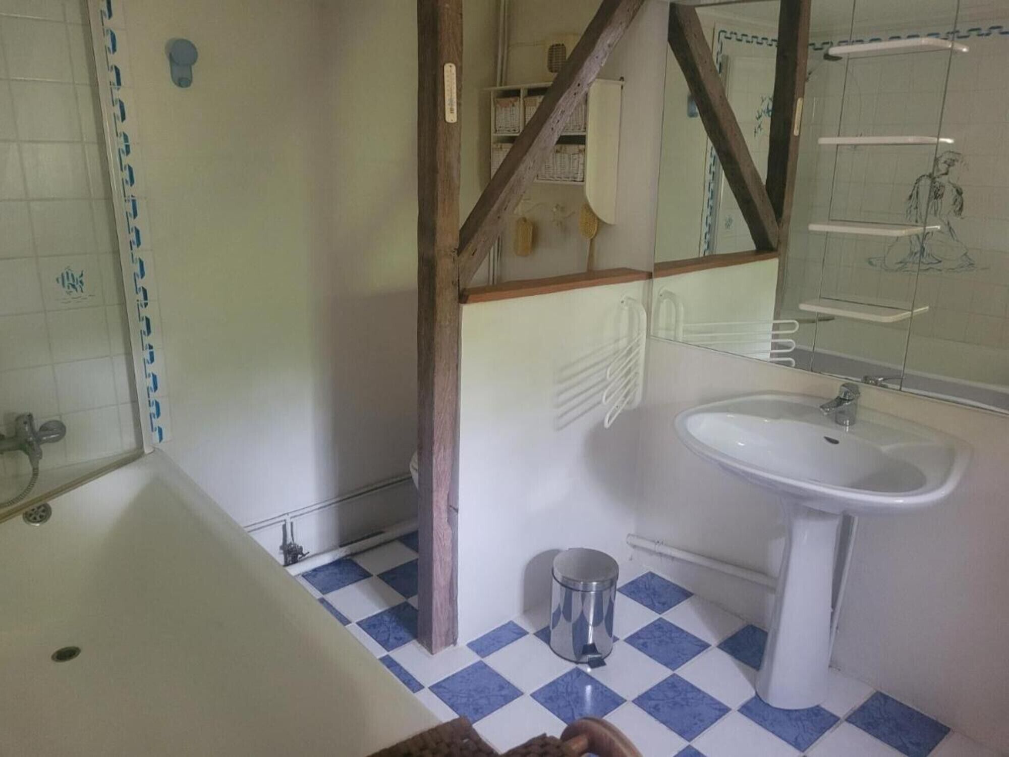 A bathroom with a white sink, a mirror, a shower, and a blue and white checkered floor.