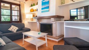 Un salon comprenant un canapé, une table basse, une cheminée et un téléviseur.