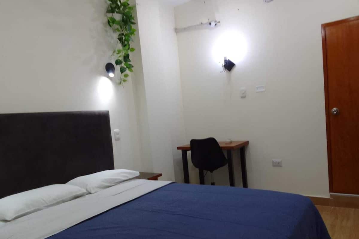 A bedroom with a bed, a desk, a chair, and a door.