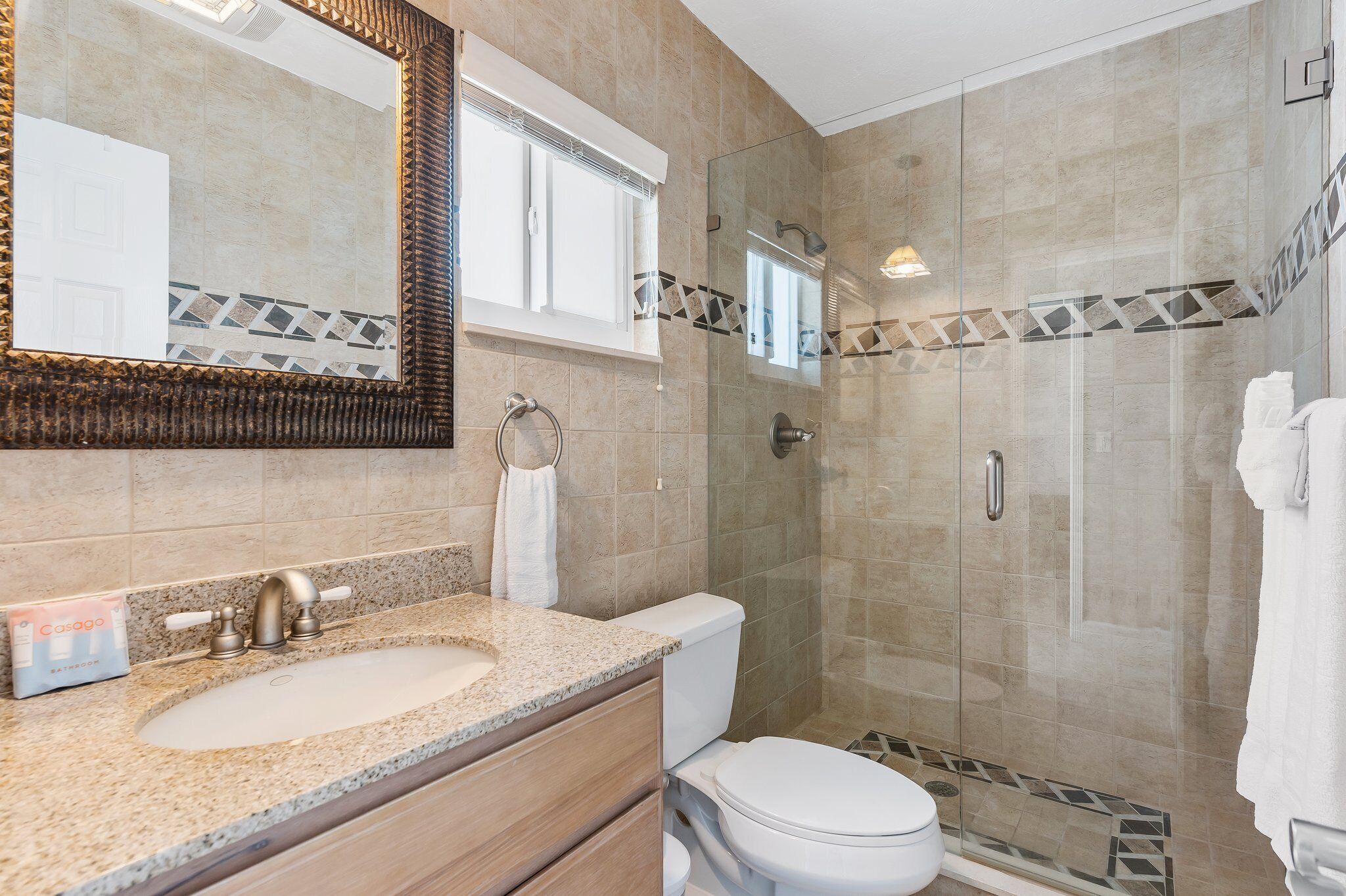 A modern bathroom with a granite countertop sink, a white toilet, and a glass-enclosed shower.