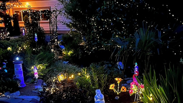 A garden with decorative lights, a pathway, and a small pond.
