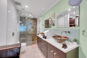 Shower, hair dryer, towels, soap