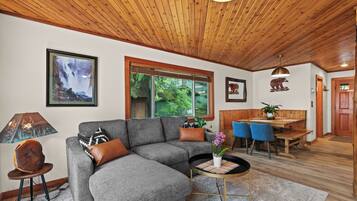 Smart TV, fireplace, video games, DVD player