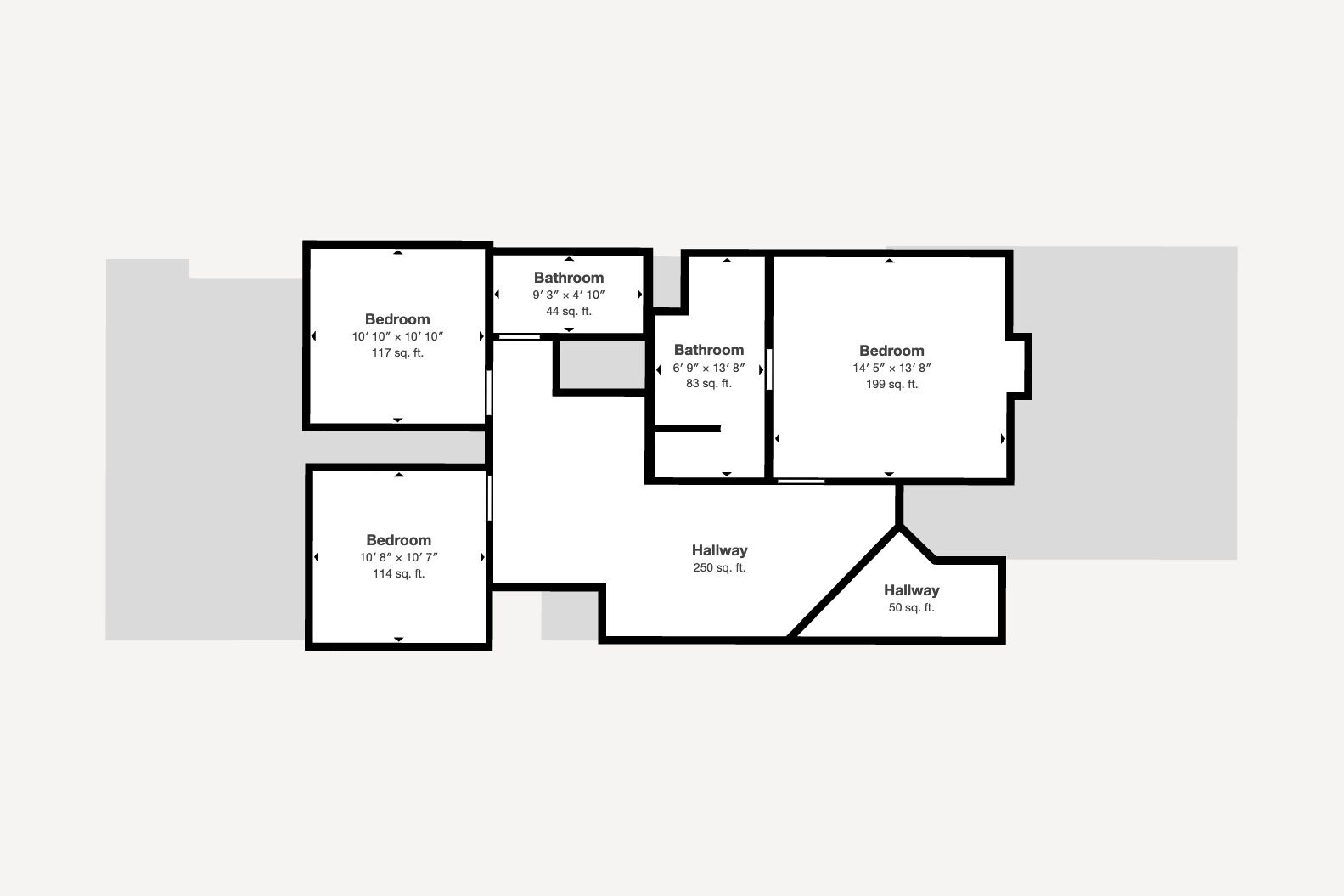 A floor plan with three bedrooms, two bathrooms, and two hallways.