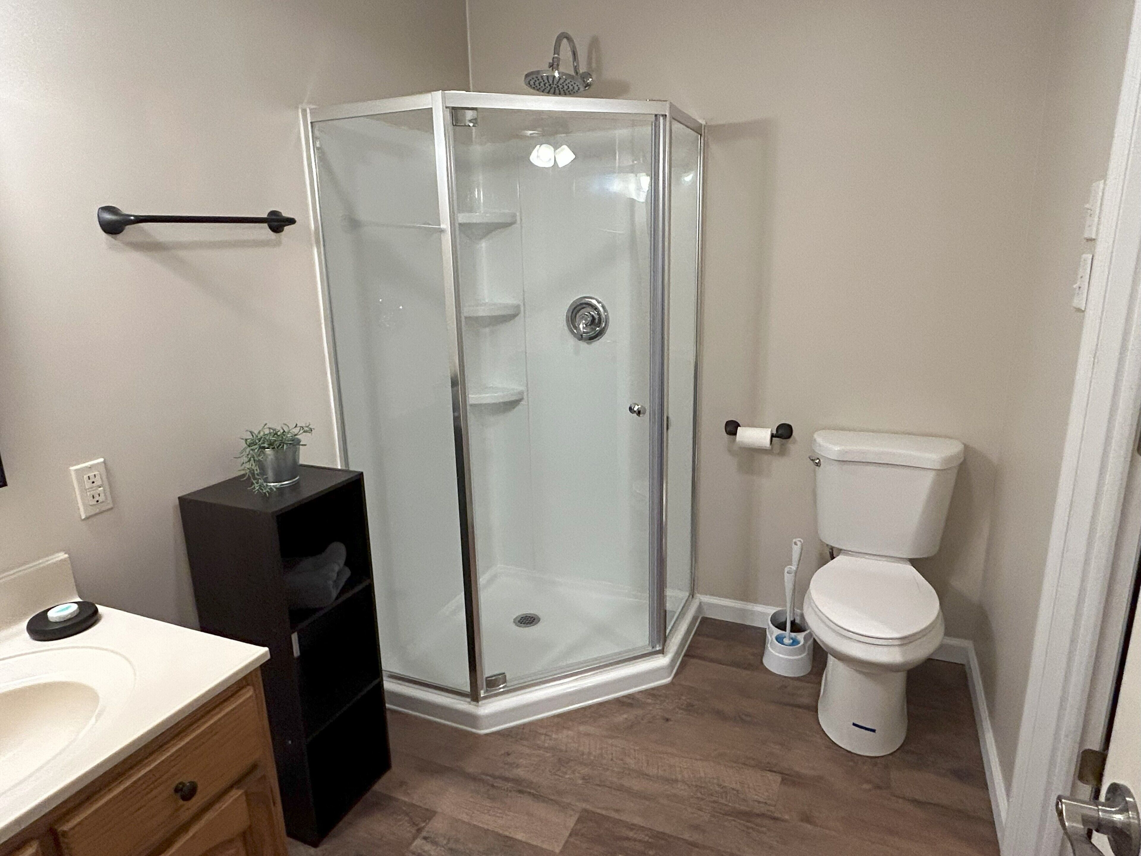 A modern bathroom with a glass shower enclosure, a toilet, and a sink with a dark cabinet.