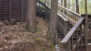 Un escalier en bois, situé dans une zone boisée, avec une rampe et une clôture également en bois.