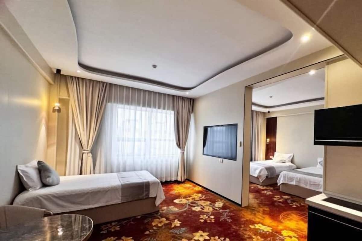 Minibar, desk, laptop workspace, blackout curtains