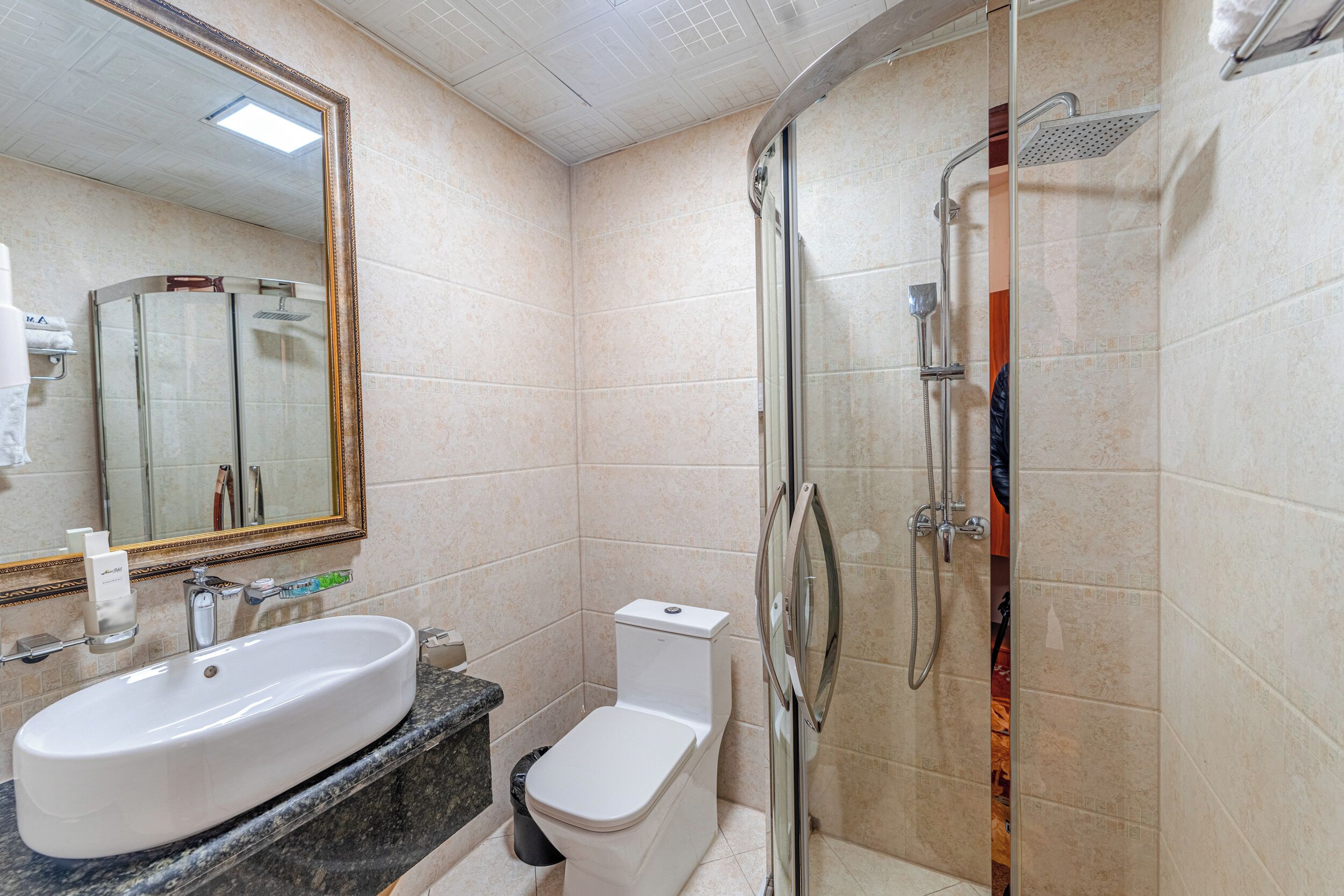 Un baño con lavamanos, inodoro y ducha.