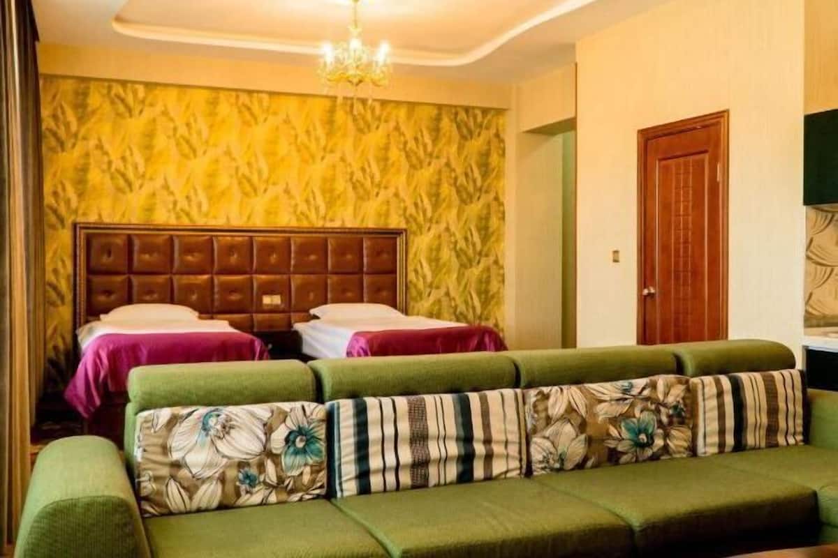 Minibar, desk, laptop workspace, blackout curtains