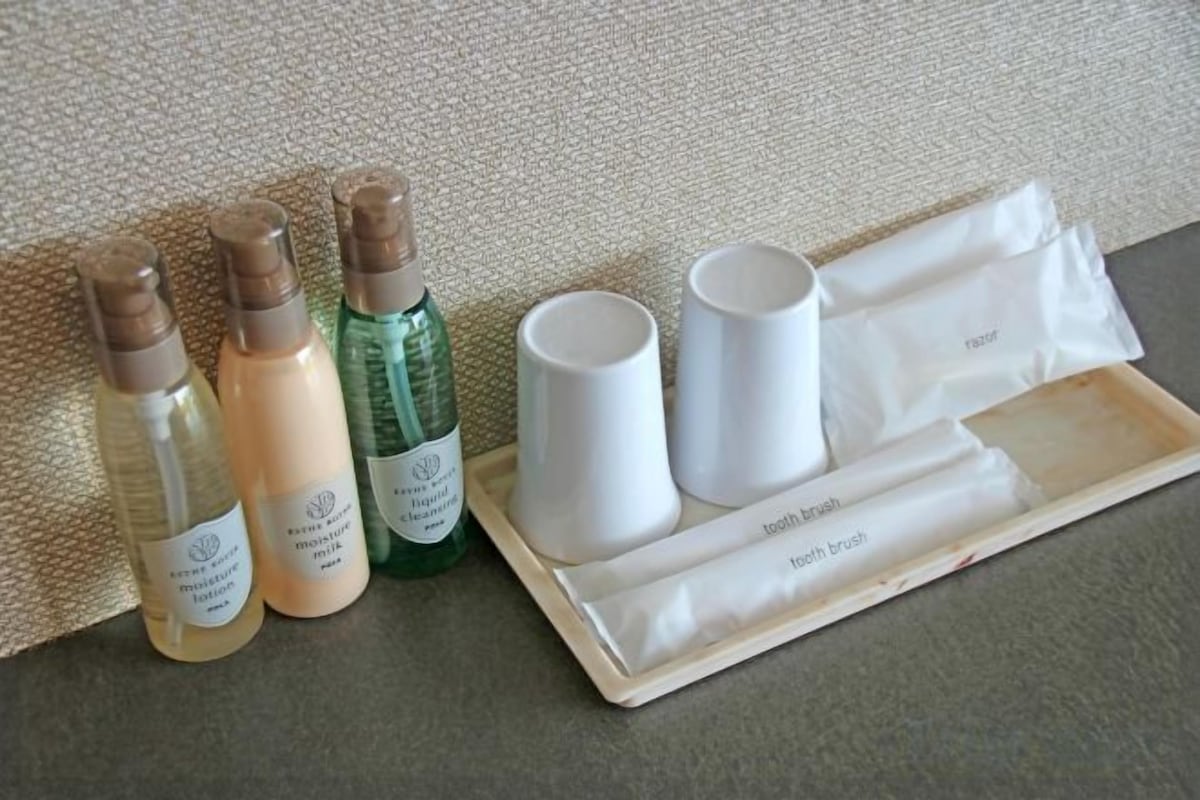 Separate tub and shower, free toiletries, hair dryer, slippers