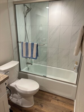 Hair dryer, towels, soap, toilet paper