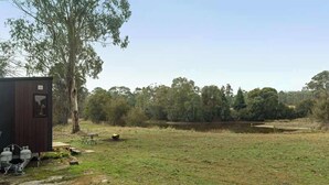 A rustic cabin with a small outdoor area, a pond, and dense trees in the background.