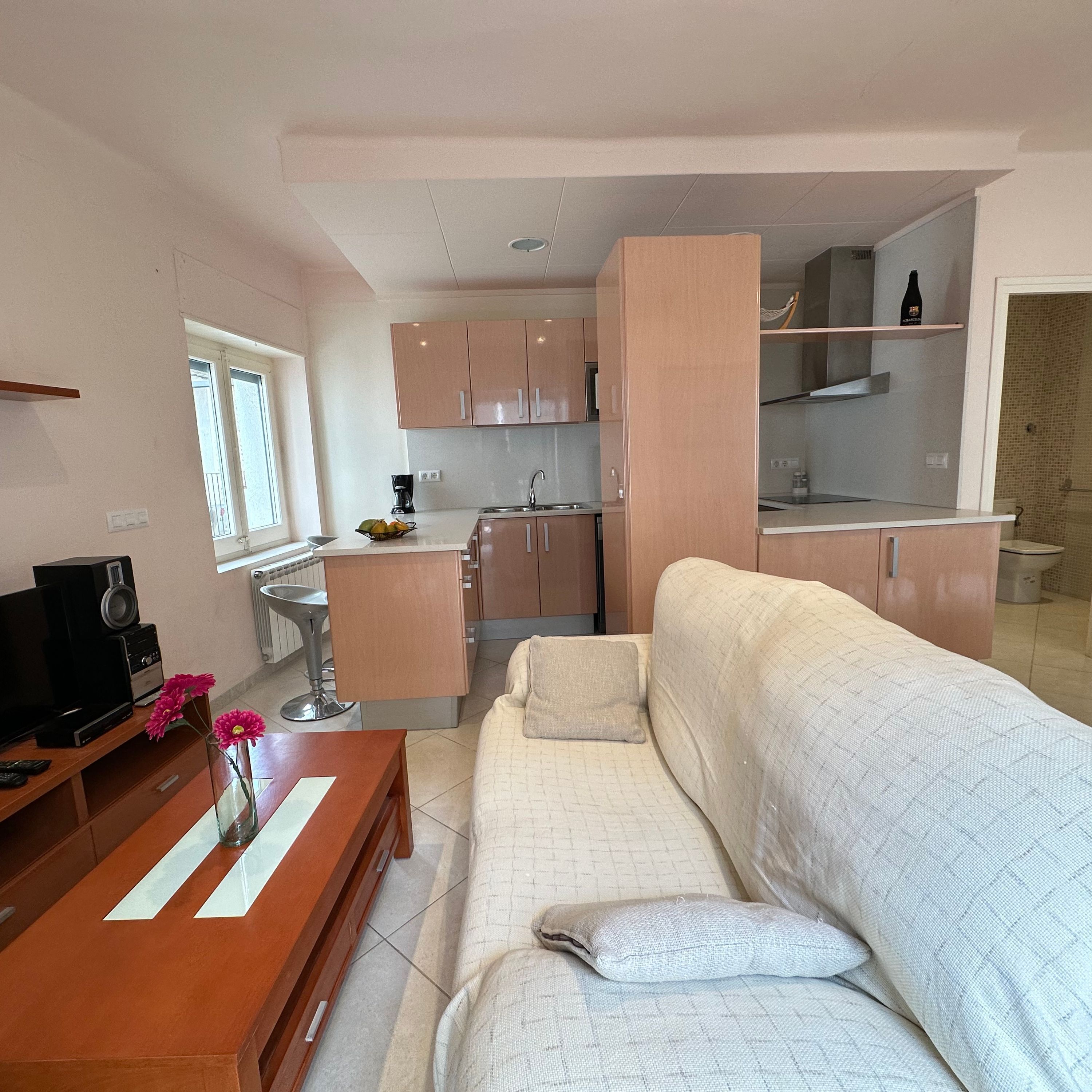 A modern living room with a sofa, a coffee table, and a TV stand. There is a kitchen area with cabinets and a sink.