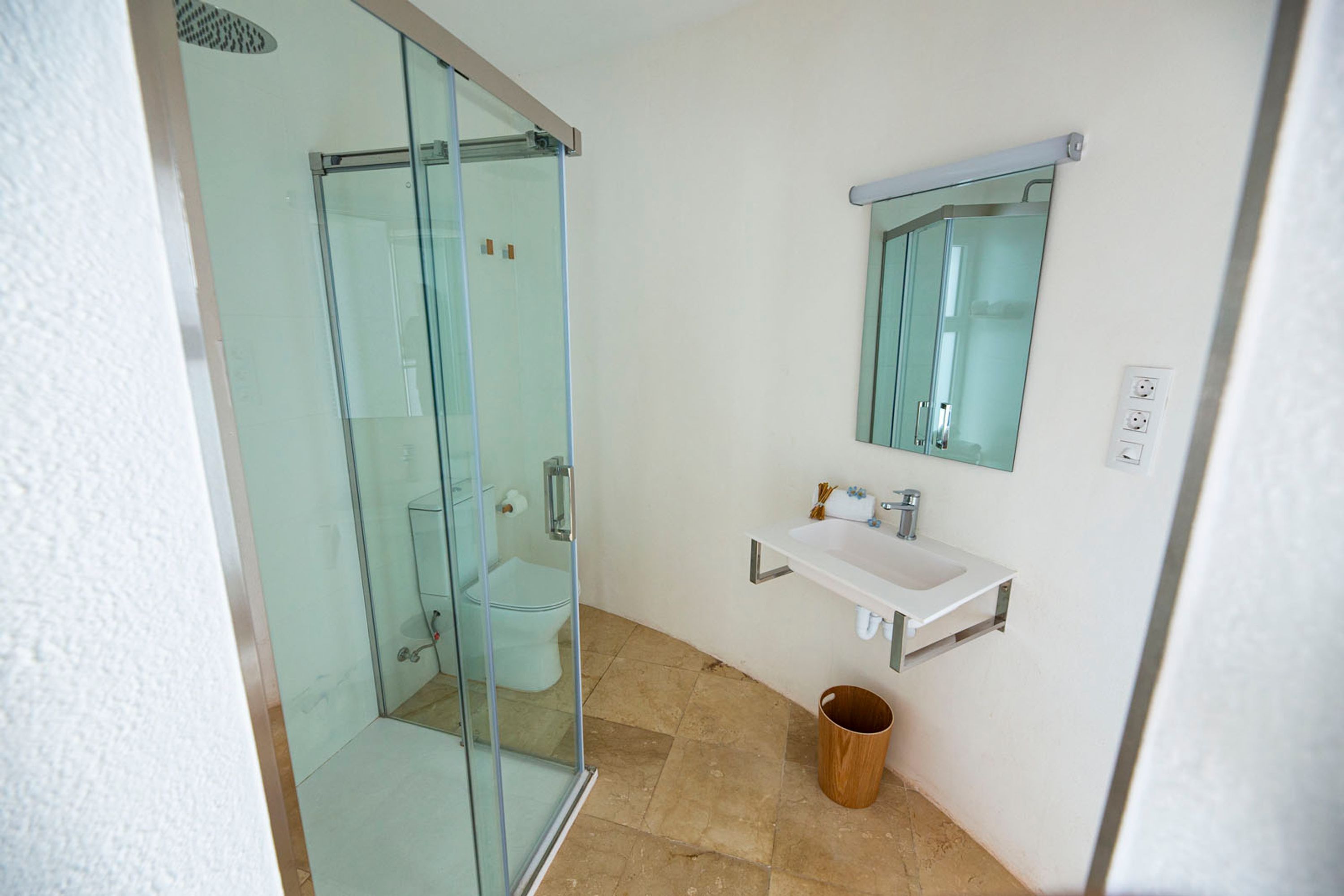 A modern bathroom with a glass shower enclosure, a white sink, and a mirror above the sink.