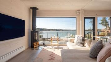 Televisio, takka, pöytätennispöytä, stereot